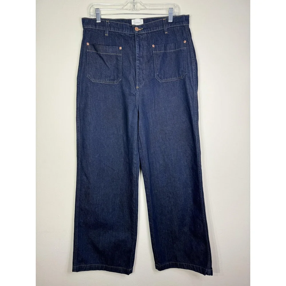 Doen Newport Jeans Womens 33 Blue Rinse Wash High Rise Wide Leg Cotton